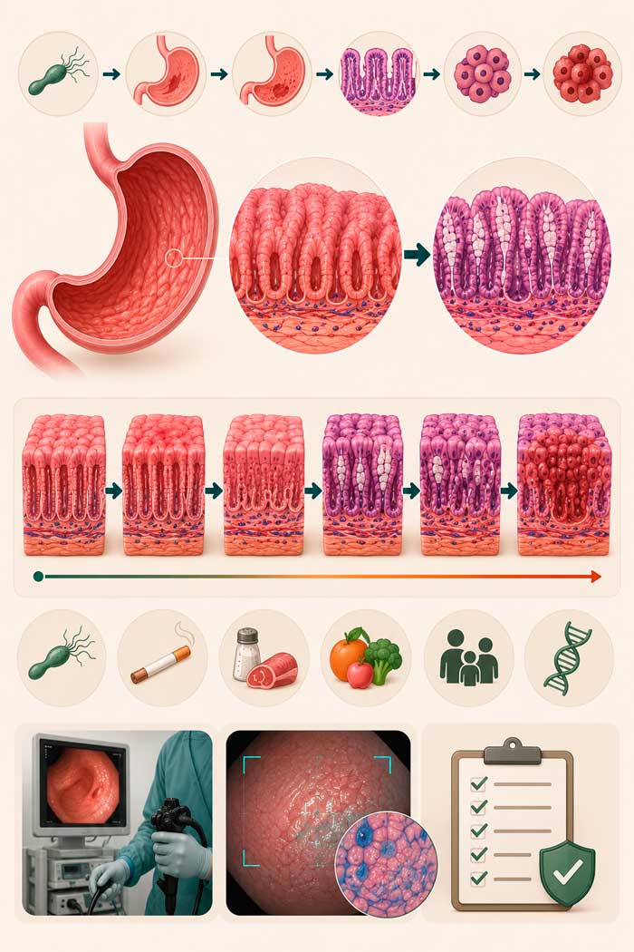 Infografía sobre metaplasia intestinal, Helicobacter pylori, gastritis atrófica y riesgo de cáncer gástrico