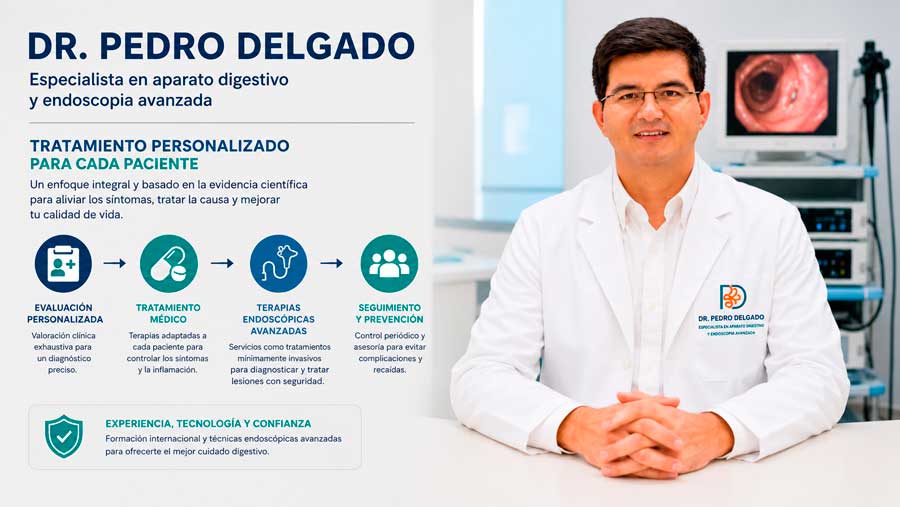 Dr. Pedro Delgado en consulta médica especializada en aparato digestivo y técnicas avanzadas de endoscopia.