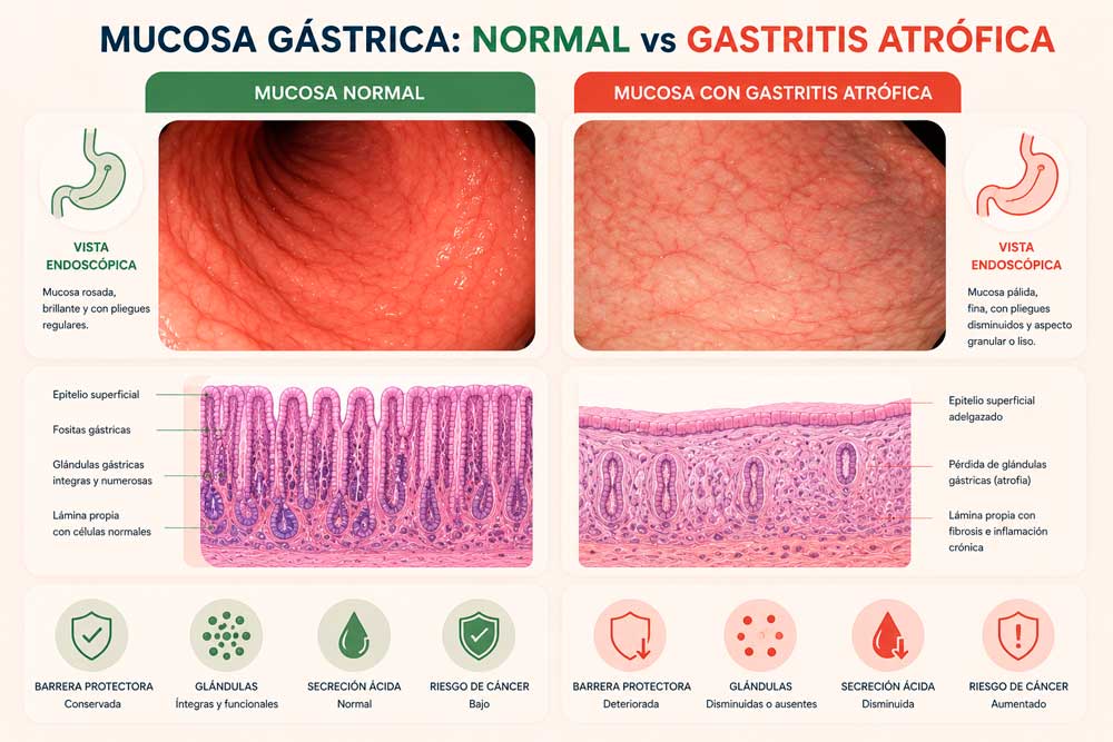 Mucosa del estómago norma vs mucosa con gastritis atrófica